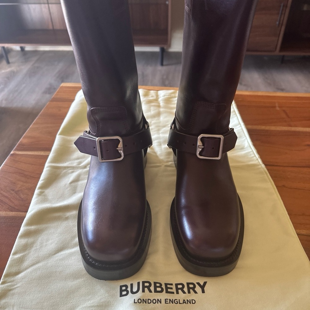 SALE!!!! Burberry Brown Leather Biker Boots. Burberry Icon in Blue on Bottoms.